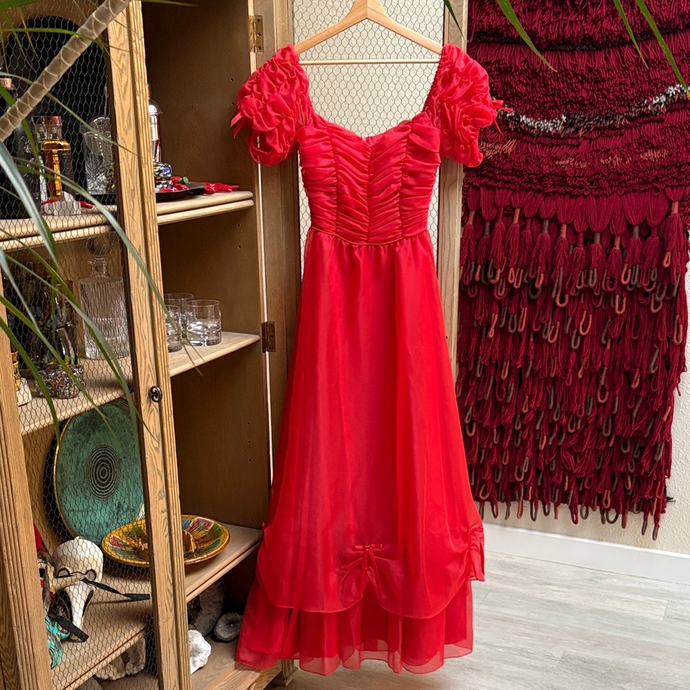 Vintage Roberta Puff Sleeve Red Ruffle Dress Gown